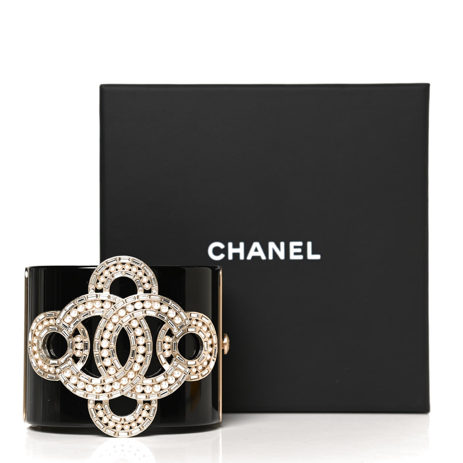 Chanel Resin Baguette Crystal Pearl CC Cuff Black 6 of 6
