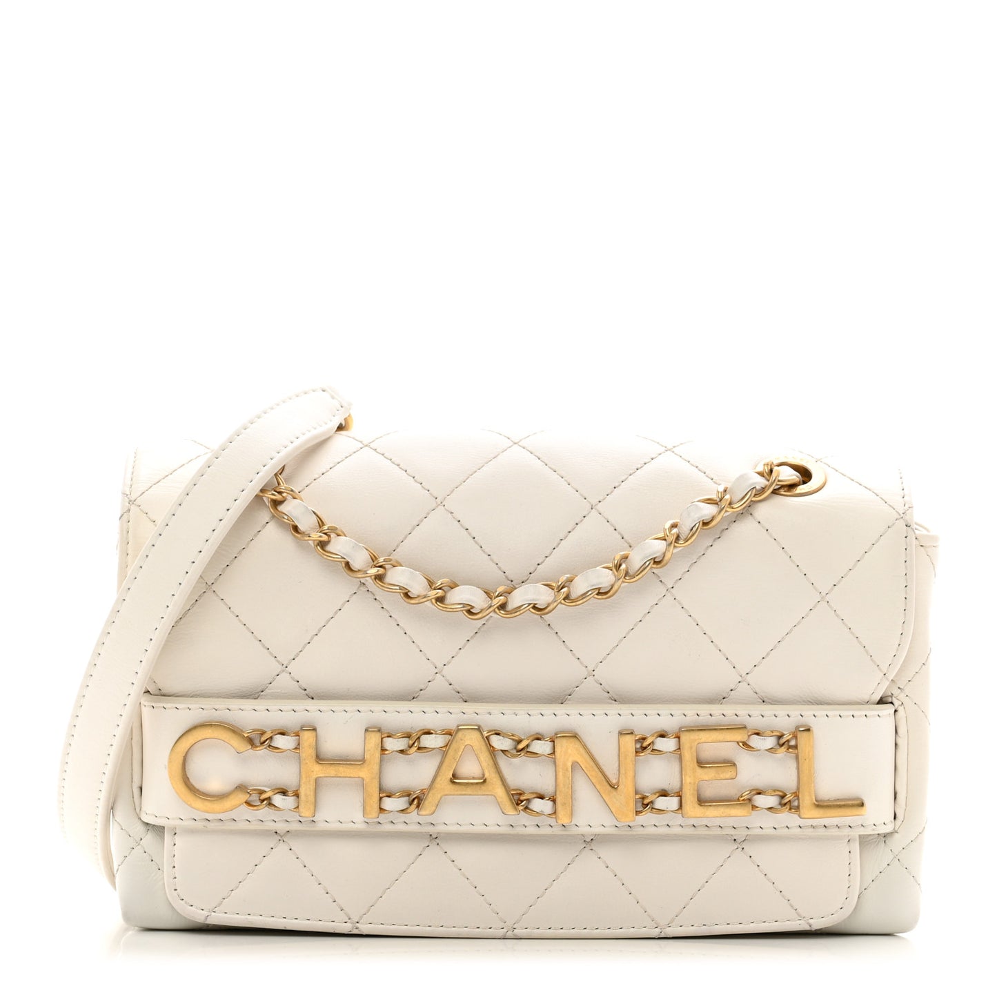 Calfskin Quilted Small Enchained Flap White