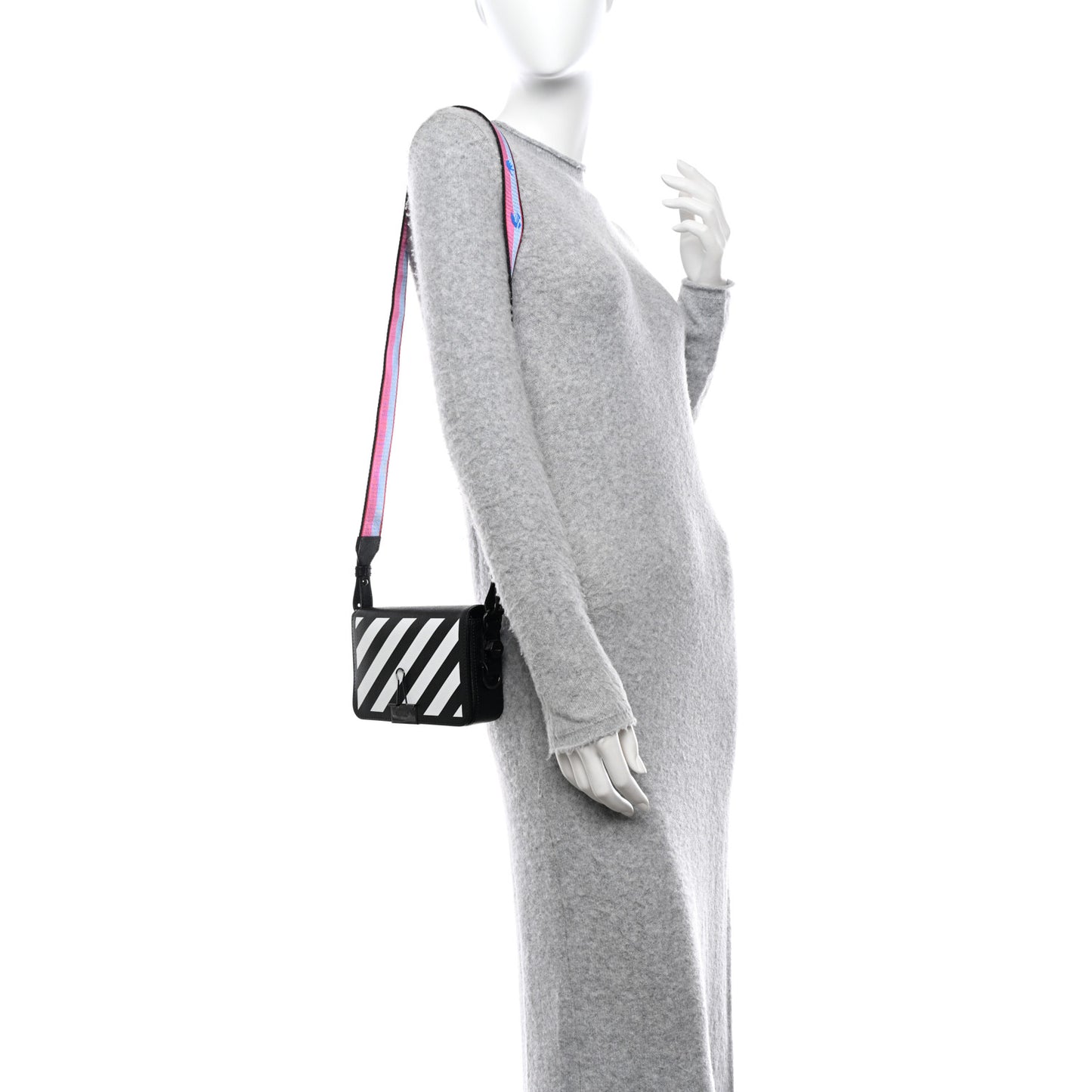Saffiano Striped Mini Diag Binder Clip Bag Black White Indus