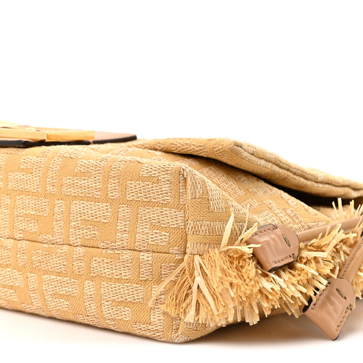 Fabric Jacquard Raffia Straw Fringe Medium Mamma Baguette Beige