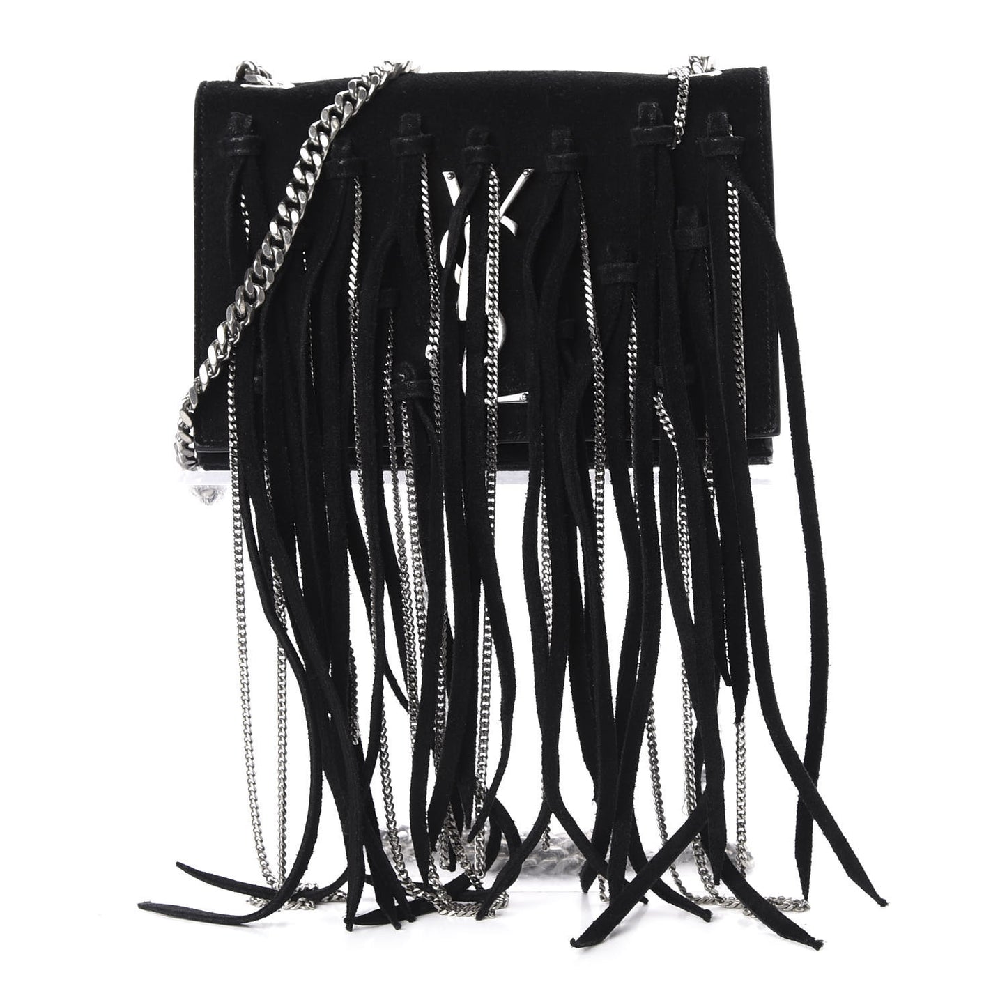 Suede Fringe Chain Monogram Satchel Black