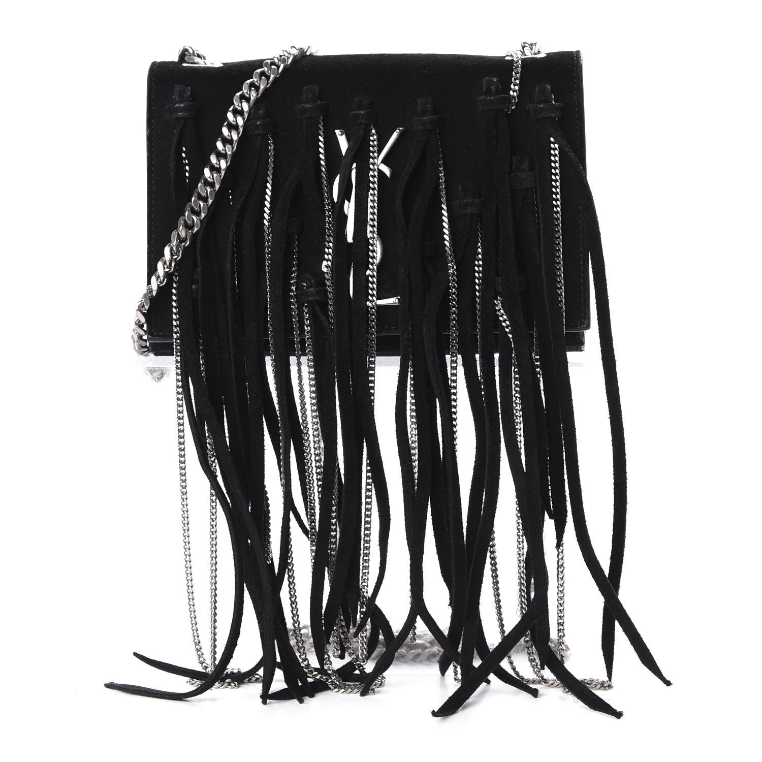 Saint Laurent Suede Fringe Chain Monogram Satchel Black 1 of 9
