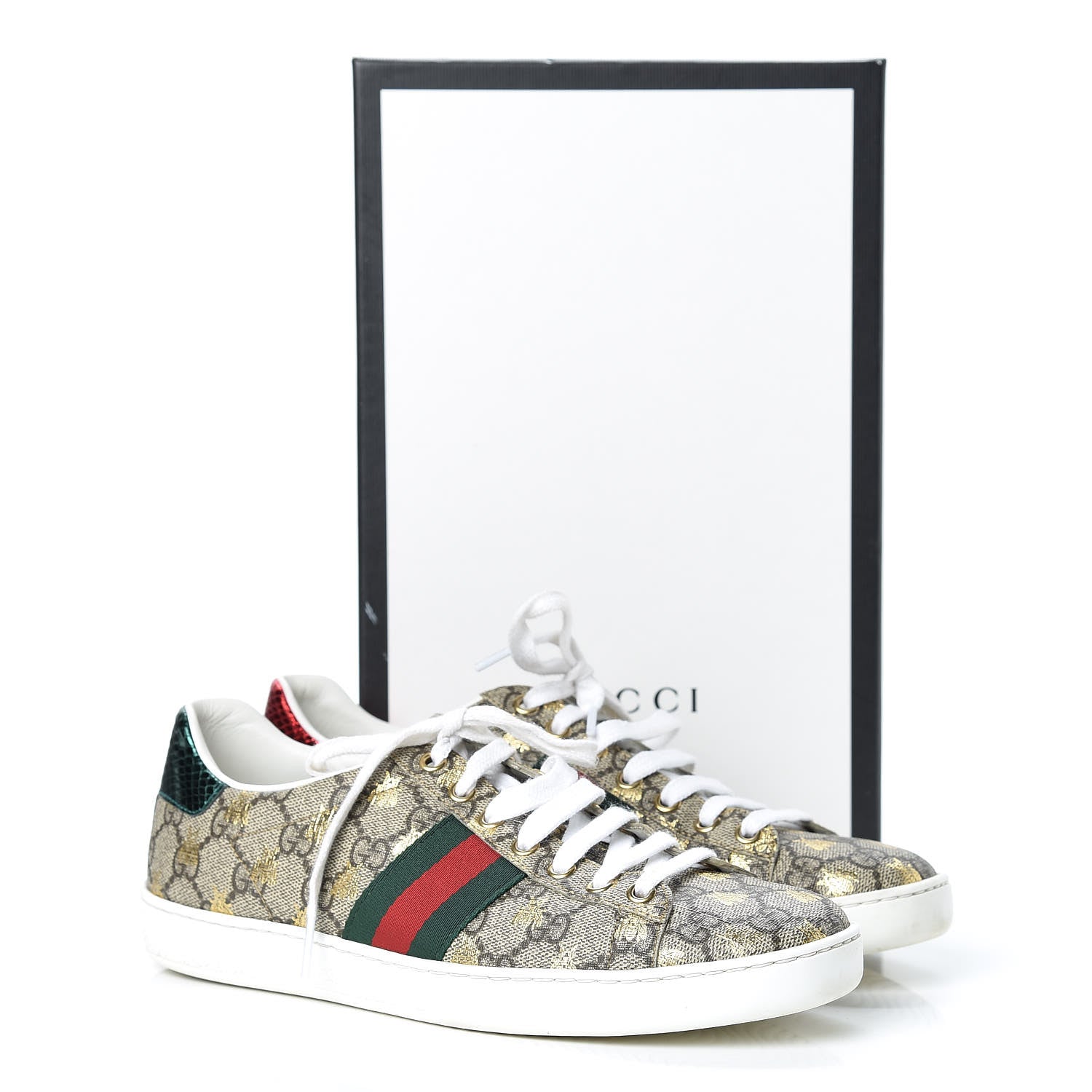 Gucci GG Supreme Monogram Bees Ayers Web Womens Ace Sneakers 38.5 Beige Oro Green Red 14 of 14