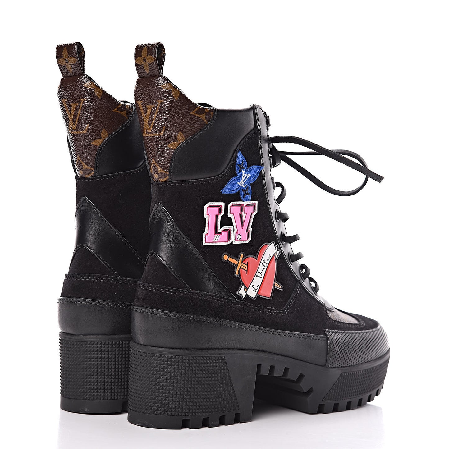 Suede Calfskin Monogram LV Black Heart Laureate Platform Desert Boots 36.5 Black