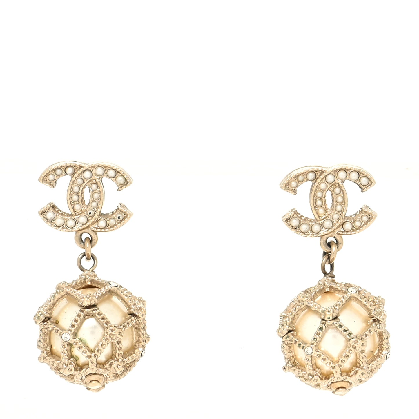 Pearl Caged CC Drop Earrings Gold