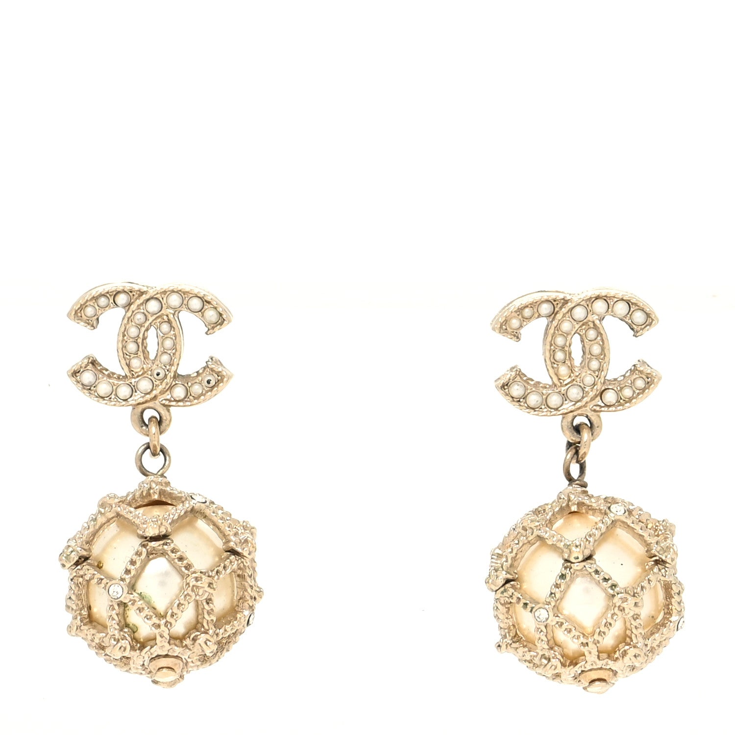 Chanel Pearl Caged CC Drop Earrings Gold 1 of 5