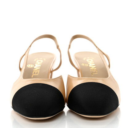 Chanel Goatskin Grosgrain Cap Toe CC Slingback Pumps 37.5 Beige Black 2 of 9