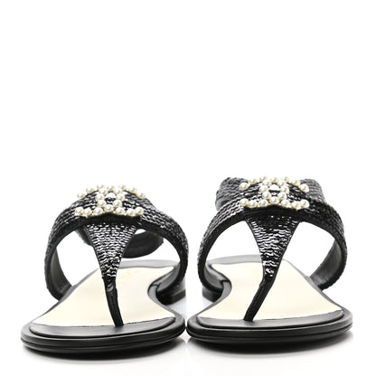 Chanel Lambskin Sequin Pearl CC Thong Sandals 41 Black 2 of 8
