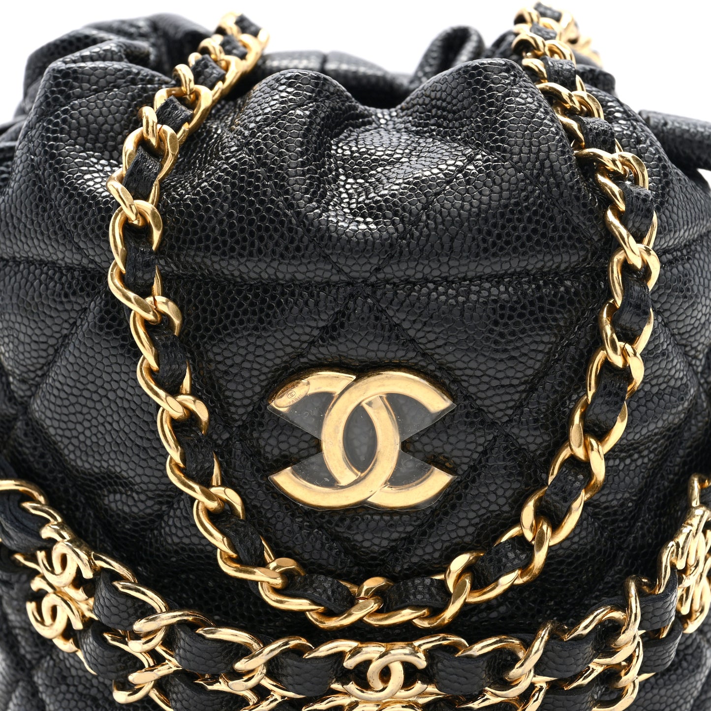 Caviar Quilted Coco First Bucket Clutch With Chain Black