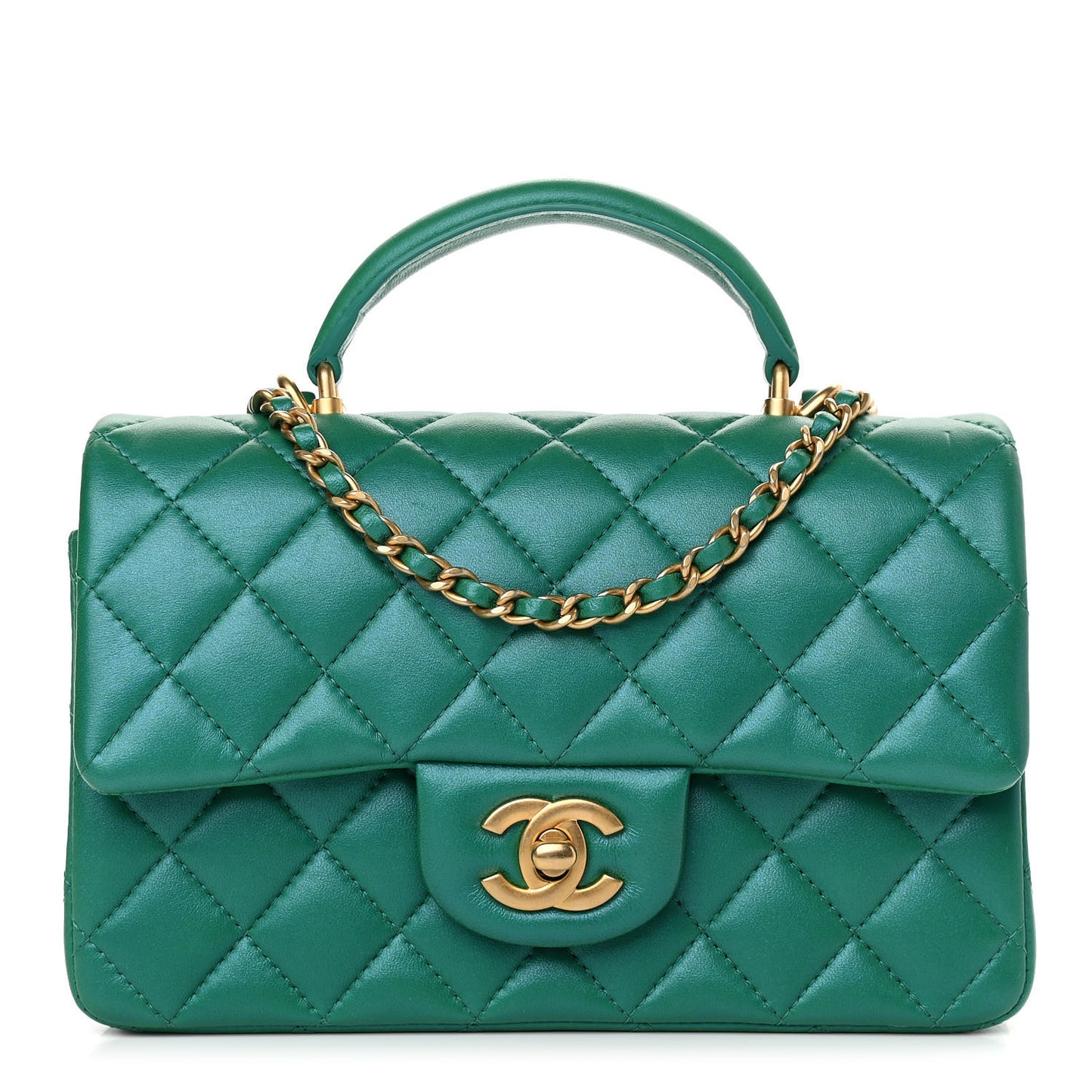 Iridescent Lambskin Quilted Mini Top Handle Rectangular Flap Green