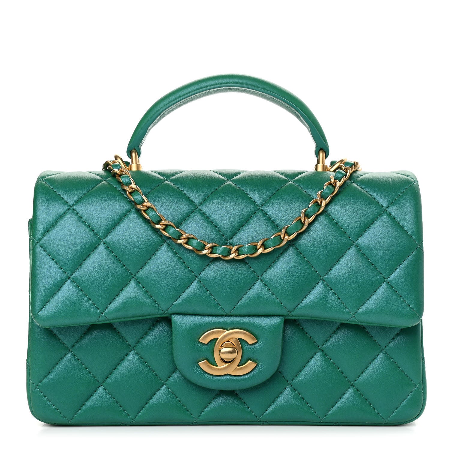 Chanel Iridescent Lambskin Quilted Mini Top Handle Rectangular Flap Green 1 of 11