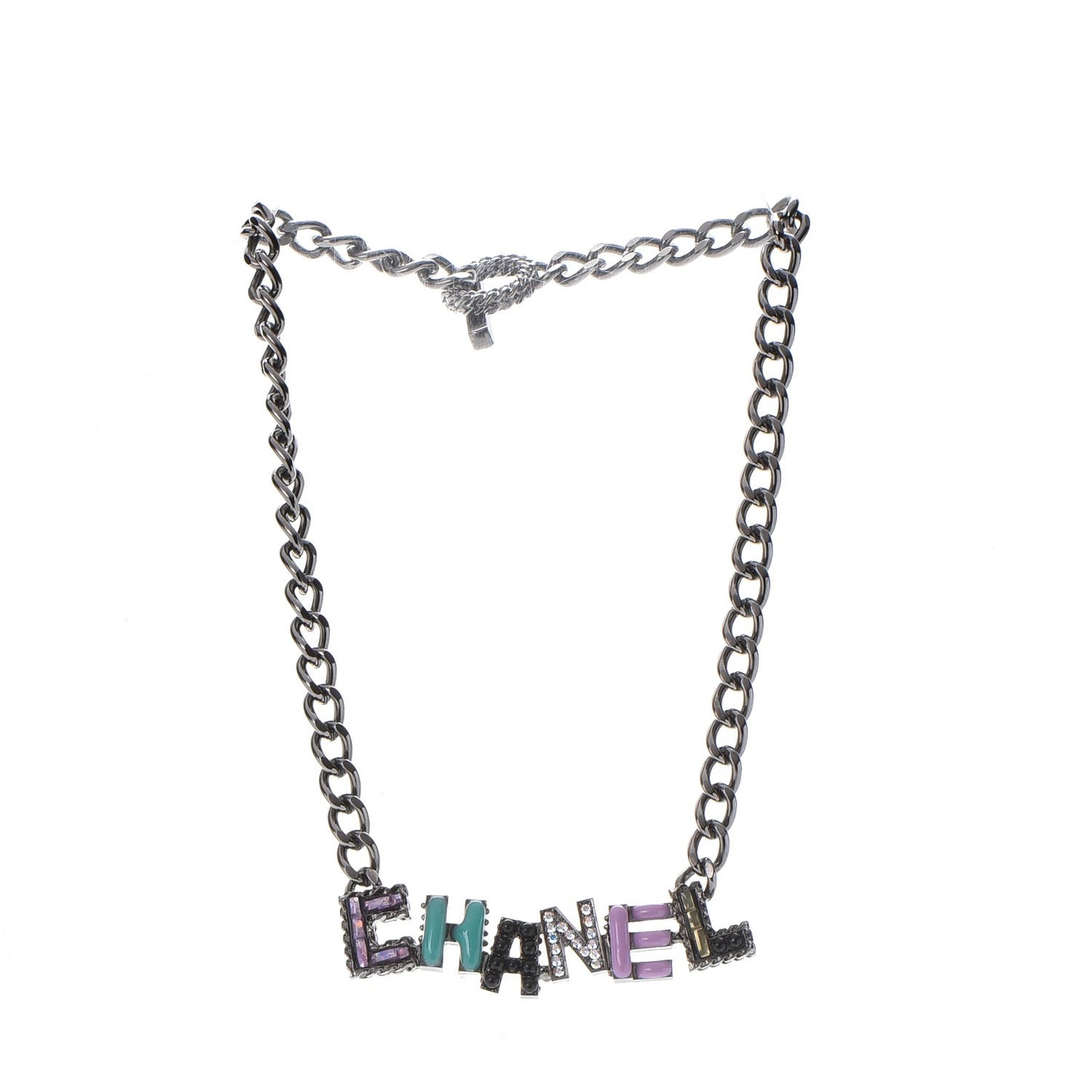 Metal Strass Enamel CC Chain Link Choker Necklace Dark Silver