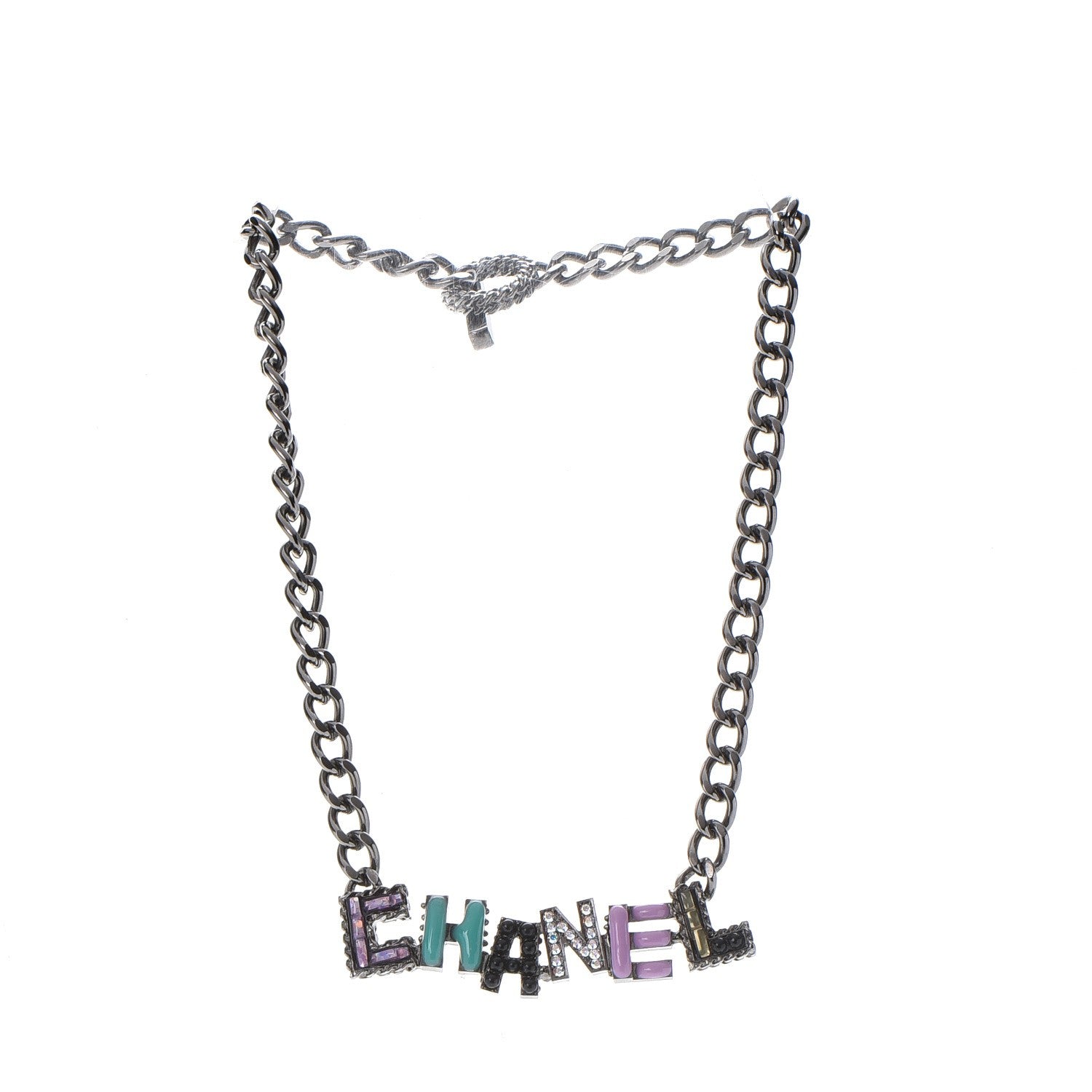 Chanel Metal Strass Enamel CC Chain Link Choker Necklace Dark Silver 3 of 8