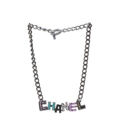 Chanel Metal Strass Enamel CC Chain Link Choker Necklace Dark Silver 3 of 8