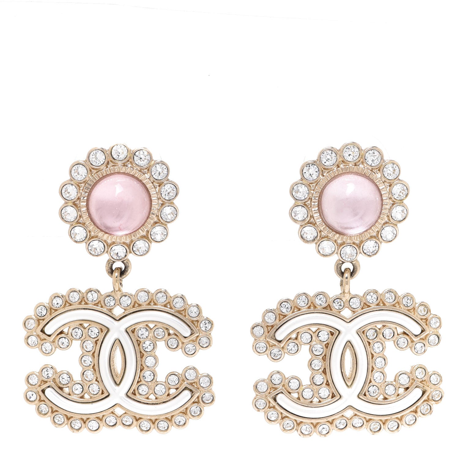 Chanel Crystal Pearl CC Drop Earrings Pink Gold 1 of 5