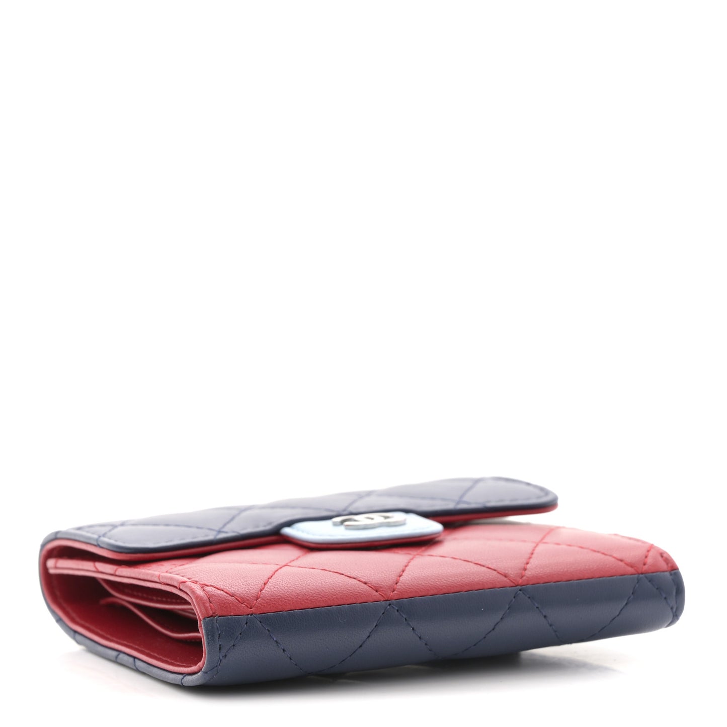 Lambskin Quilted Tri-Color Compact Flap Wallet Navy Blue Red