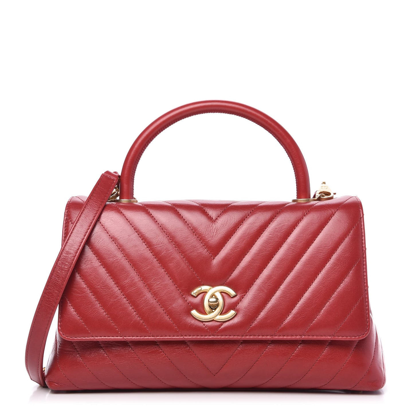 Calfskin Chevron Quilted Small Coco Handle Flap Red