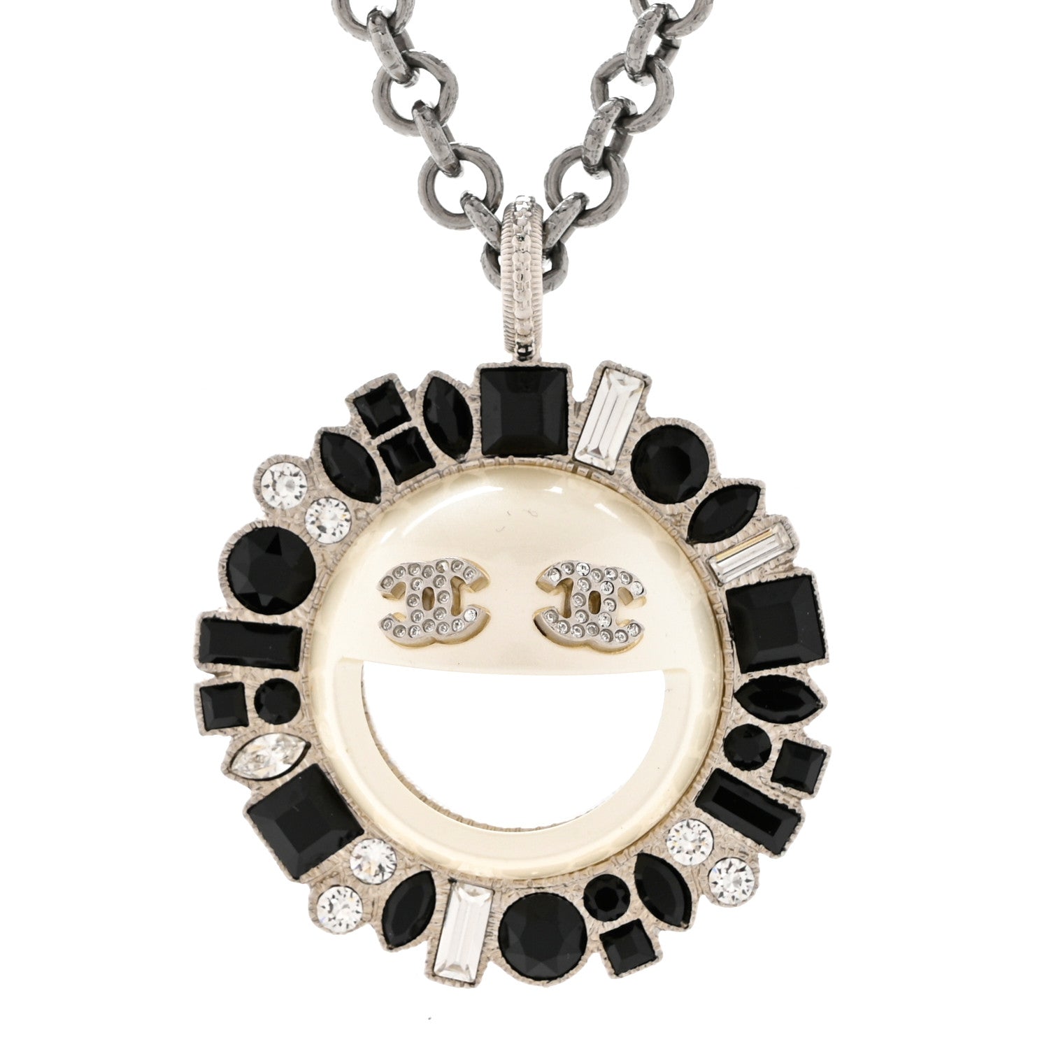 Chanel Crystal CC Smiley Emoji Pendant Necklace Silver Black 4 of 6