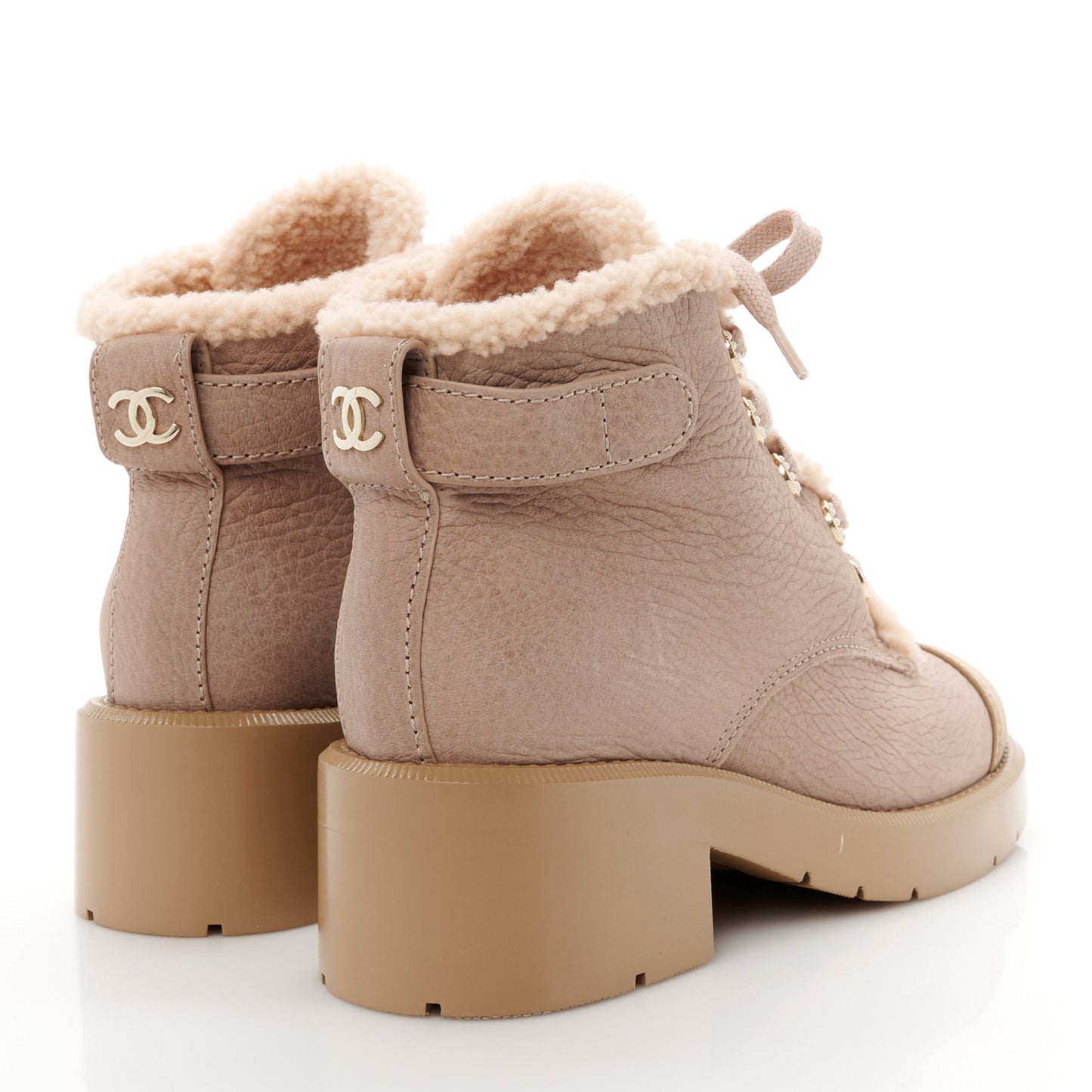 Calfskin Shearling Quilted Cap Toe Combat Boots 37 Light Pink Beige