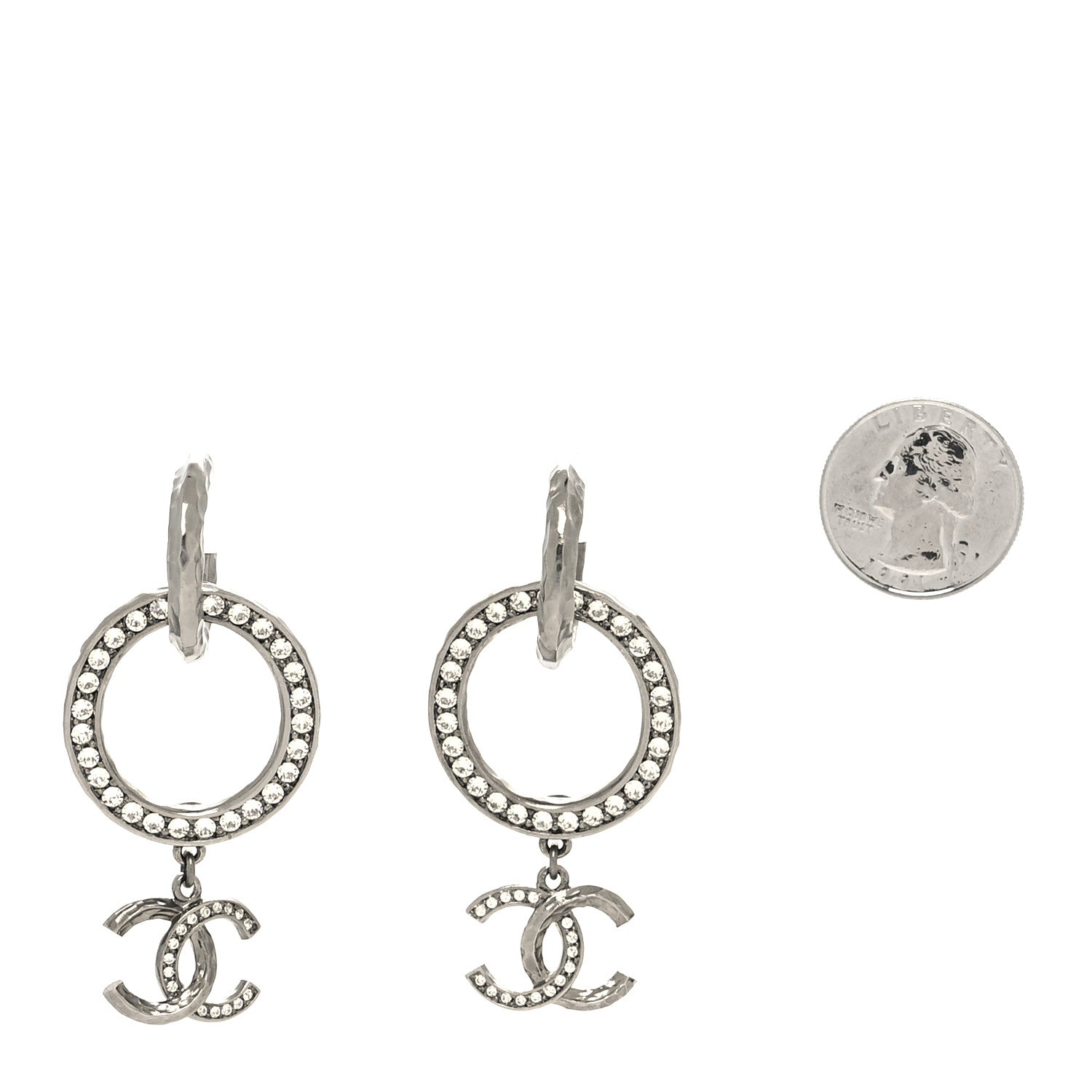 Chanel Crystal CC Hoop Drop Earrings Silver 2 of 4
