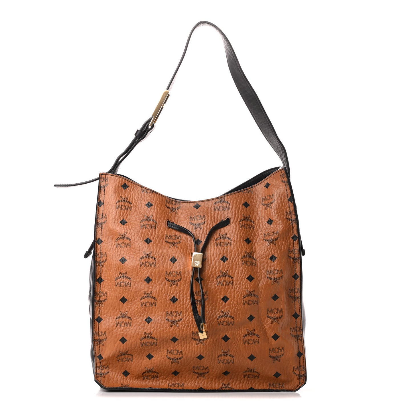 Visetos Calfskin Drawstring Shoulder Bag Cognac Black