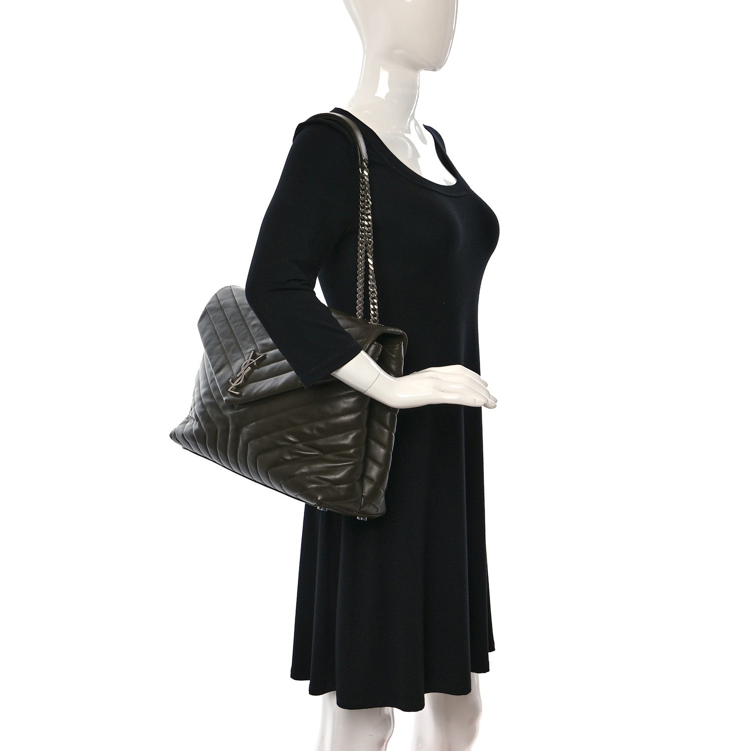 Saint Laurent Calfskin Y Quilted Monogram Large Loulou Chain Satchel Kaki Fonce 2 of 9
