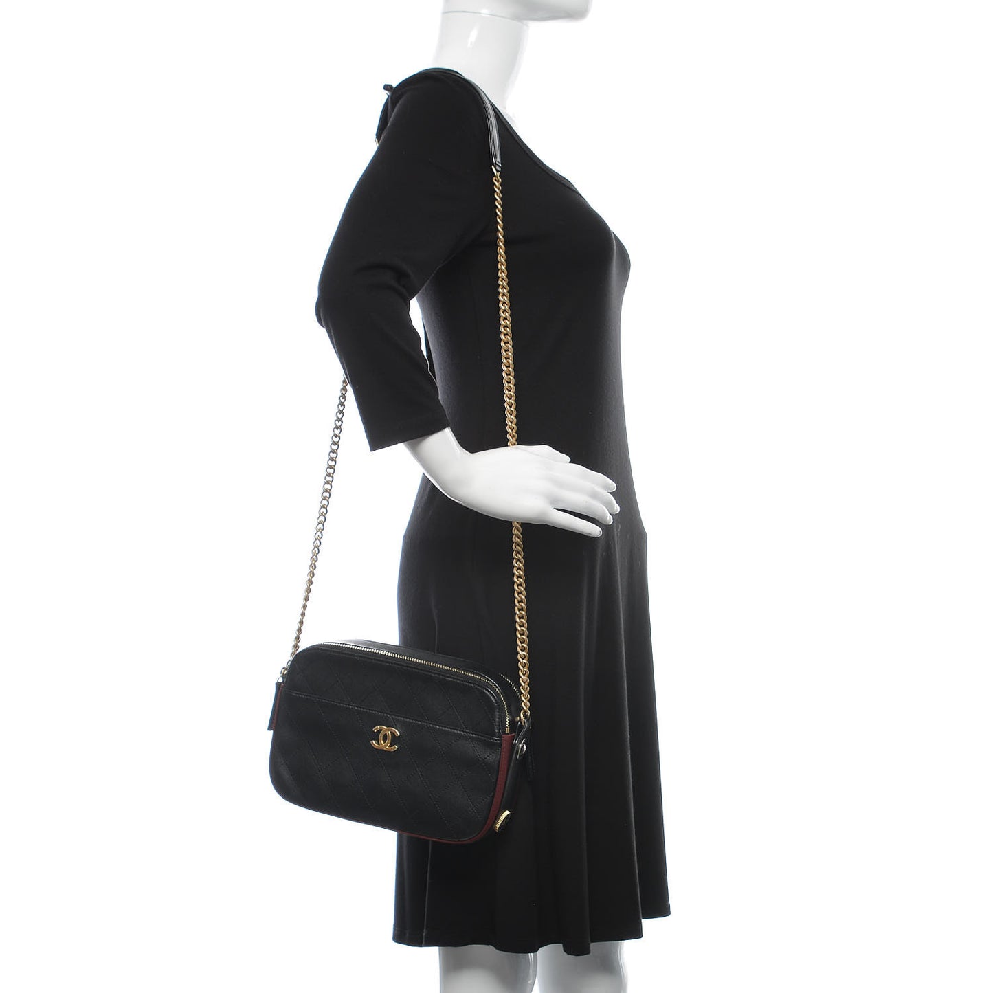 Calfskin Grosgrain Stitched Button Up Camera Case Black