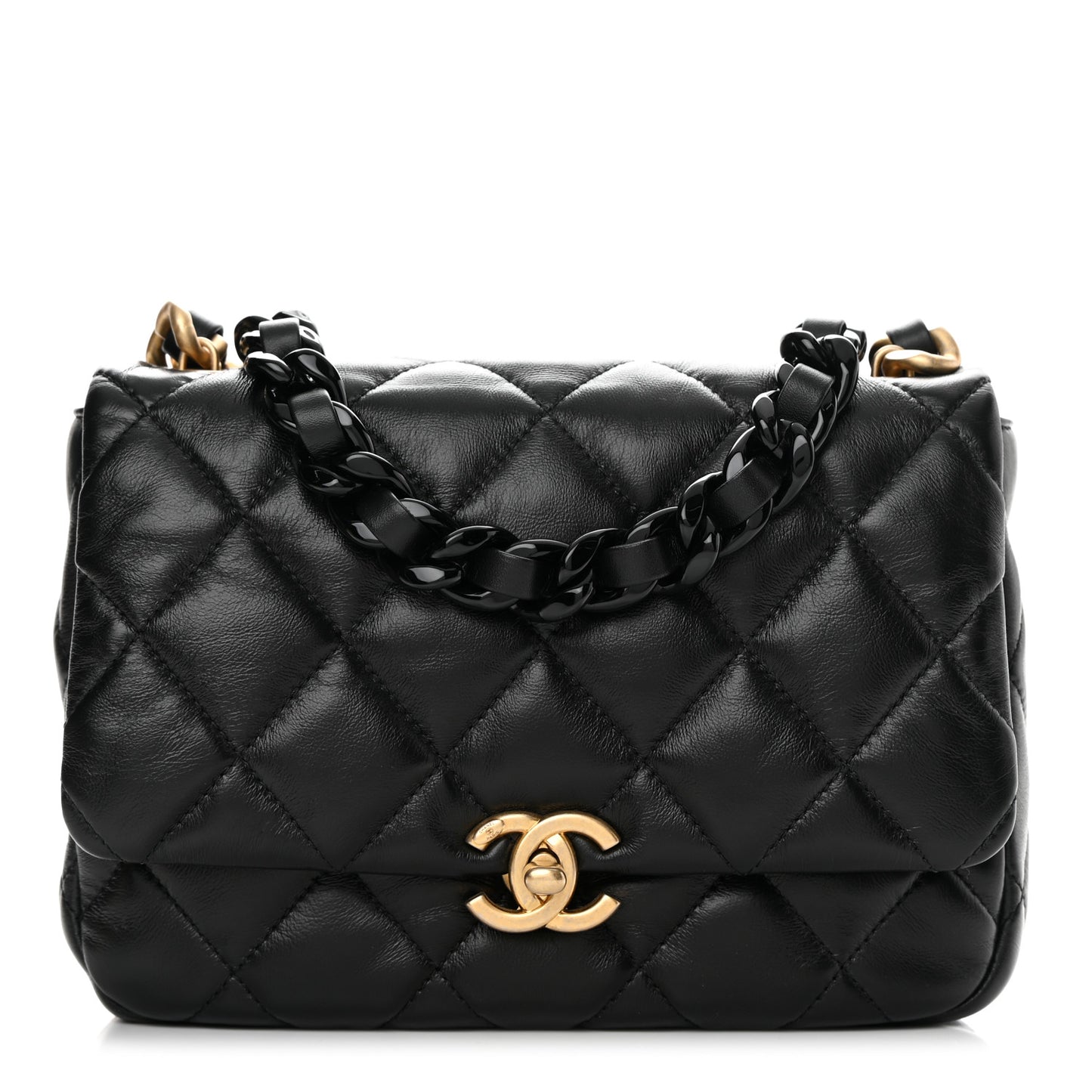 Lambskin Quilted Small Lacquered Chain Flap Black