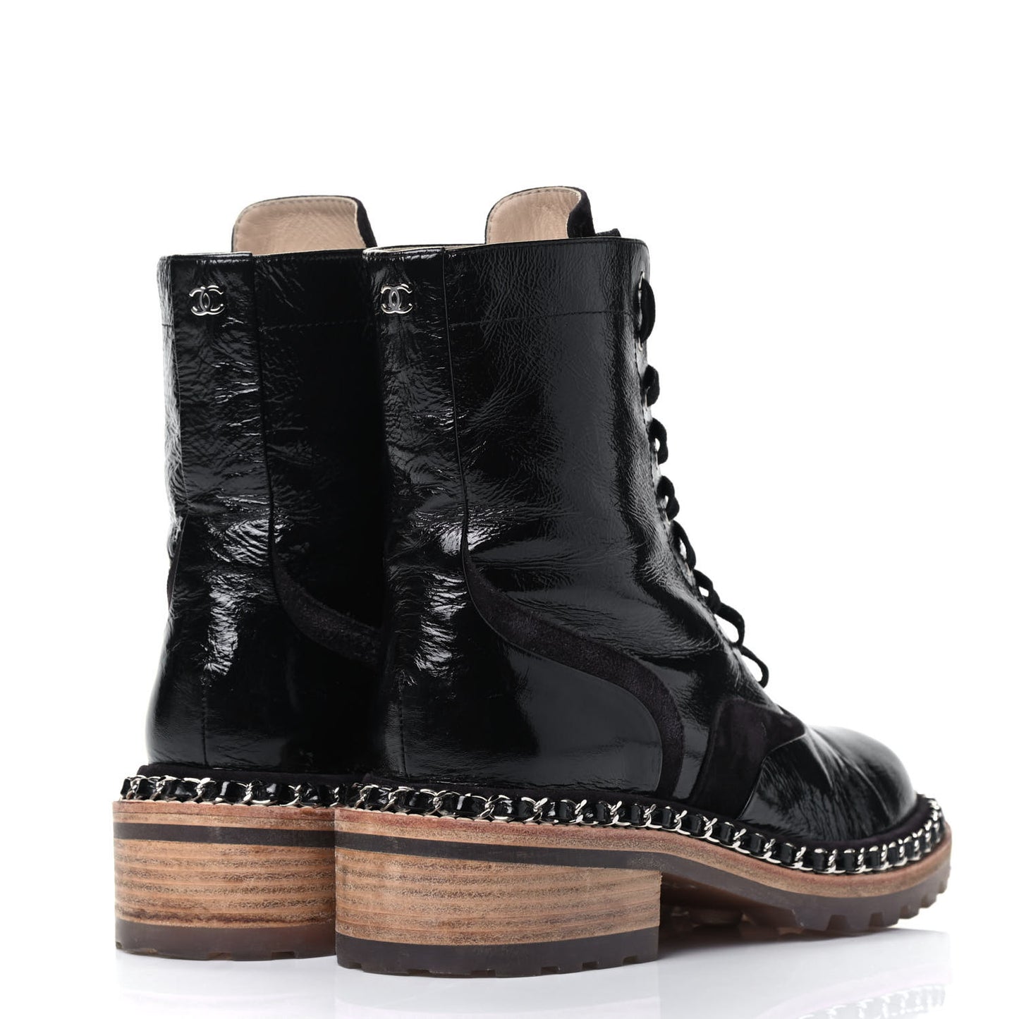 Patent Lace Up Chain Boots 37 Black