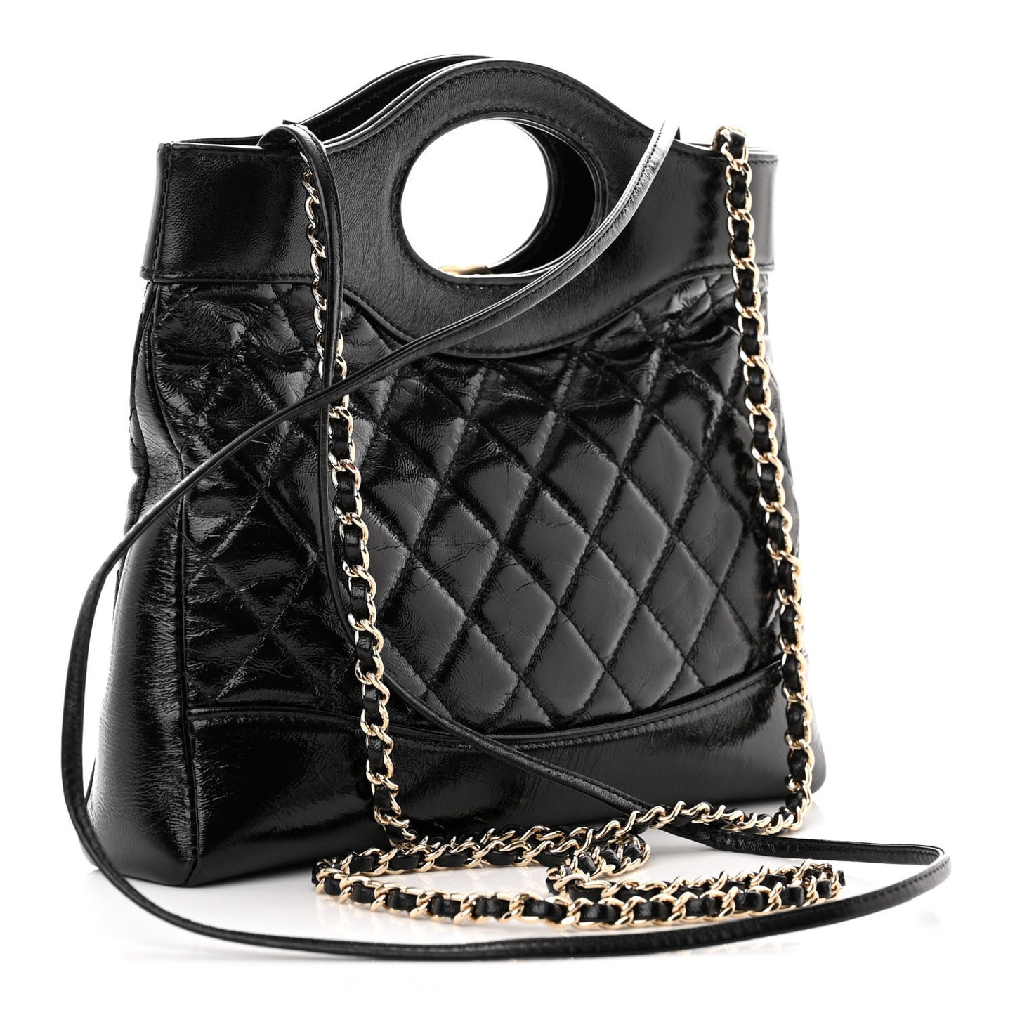 Shiny Crumpled Calfskin Quilted Mini 31 Shopping Bag Black