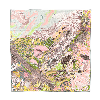 Hermes Silk Into The Canadian Wild Scarf 90 Rose Vert Jaune 1 of 5