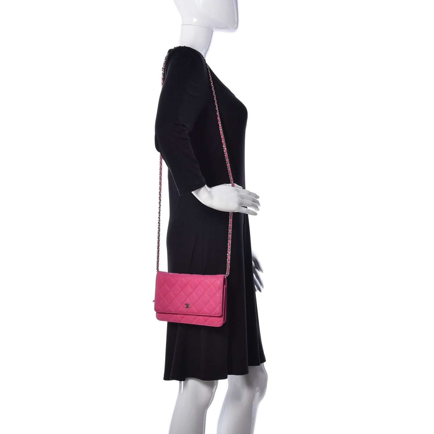Iridescent Caviar Quilted Wallet on Chain WOC Pink