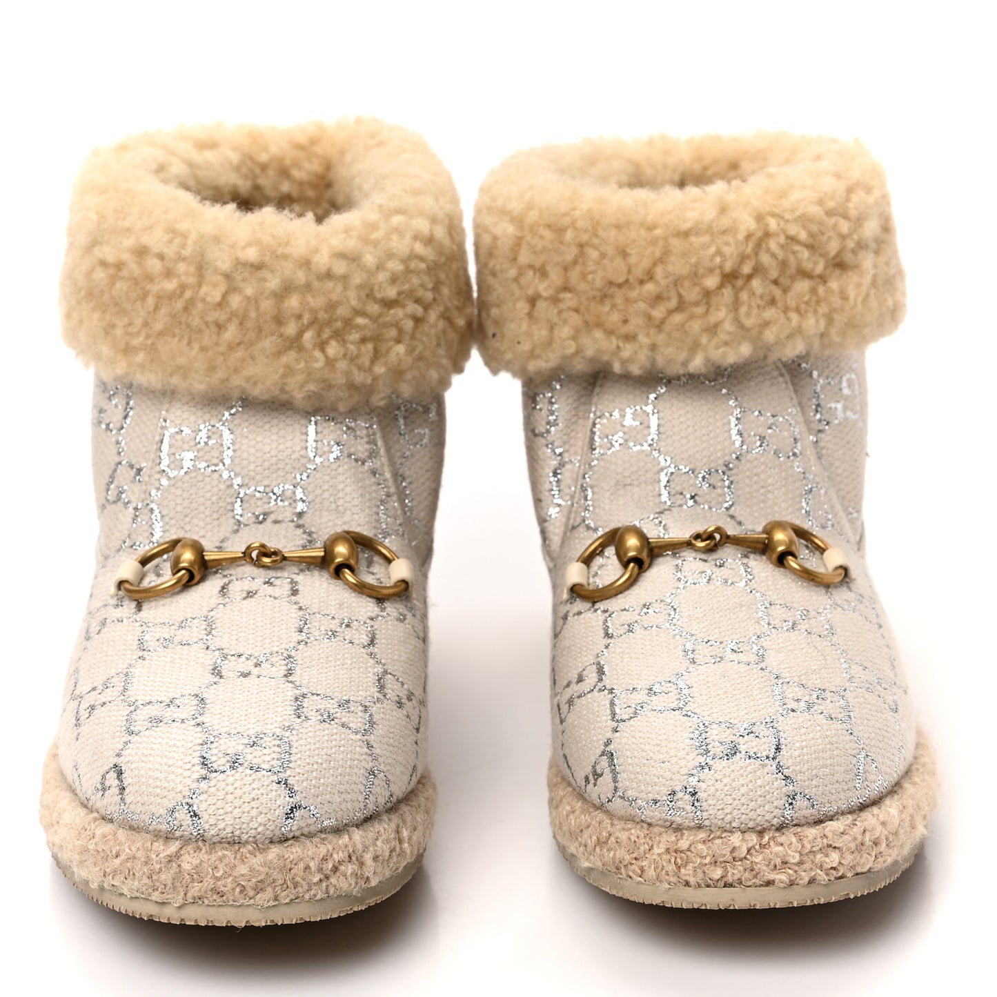 Canvas Wool Lame GG Monogram Womens Fria Horsebit Ankle Boots 38 Gardenia Silver Butterscotch