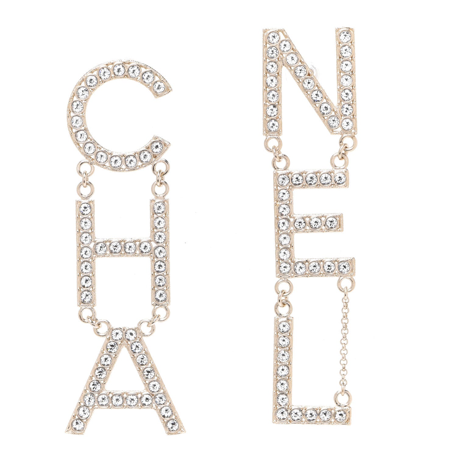 Chanel Crystal Cha-Nel Logo Drop Earrings Gold 1 of 5