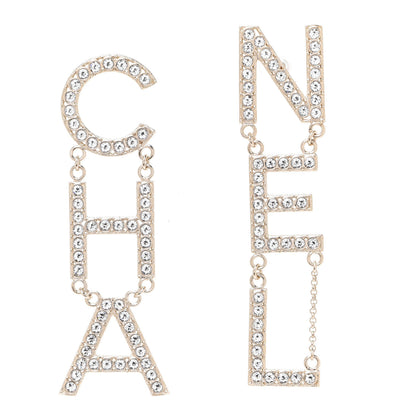 Chanel Crystal Cha-Nel Logo Drop Earrings Gold 1 of 5