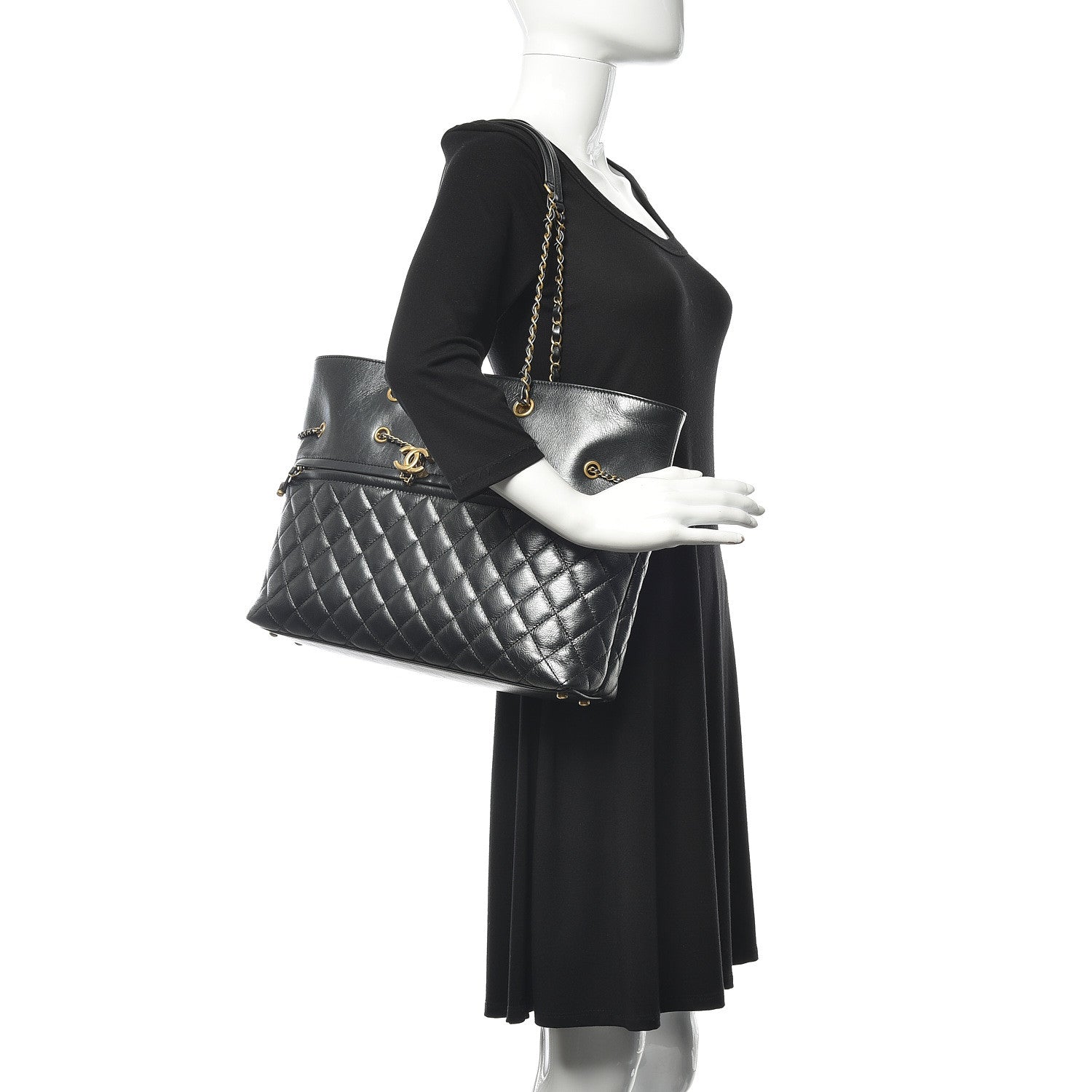 Chanel Aged Calfskin Quilted Drawstring Shopping Tote Black 2 of 13