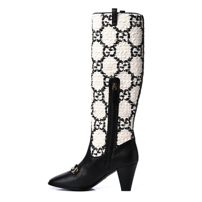 Gucci Tweed GG Monogram Wrinkled Kid Zumi Knee Boots 38 Natural Black 1 of 6