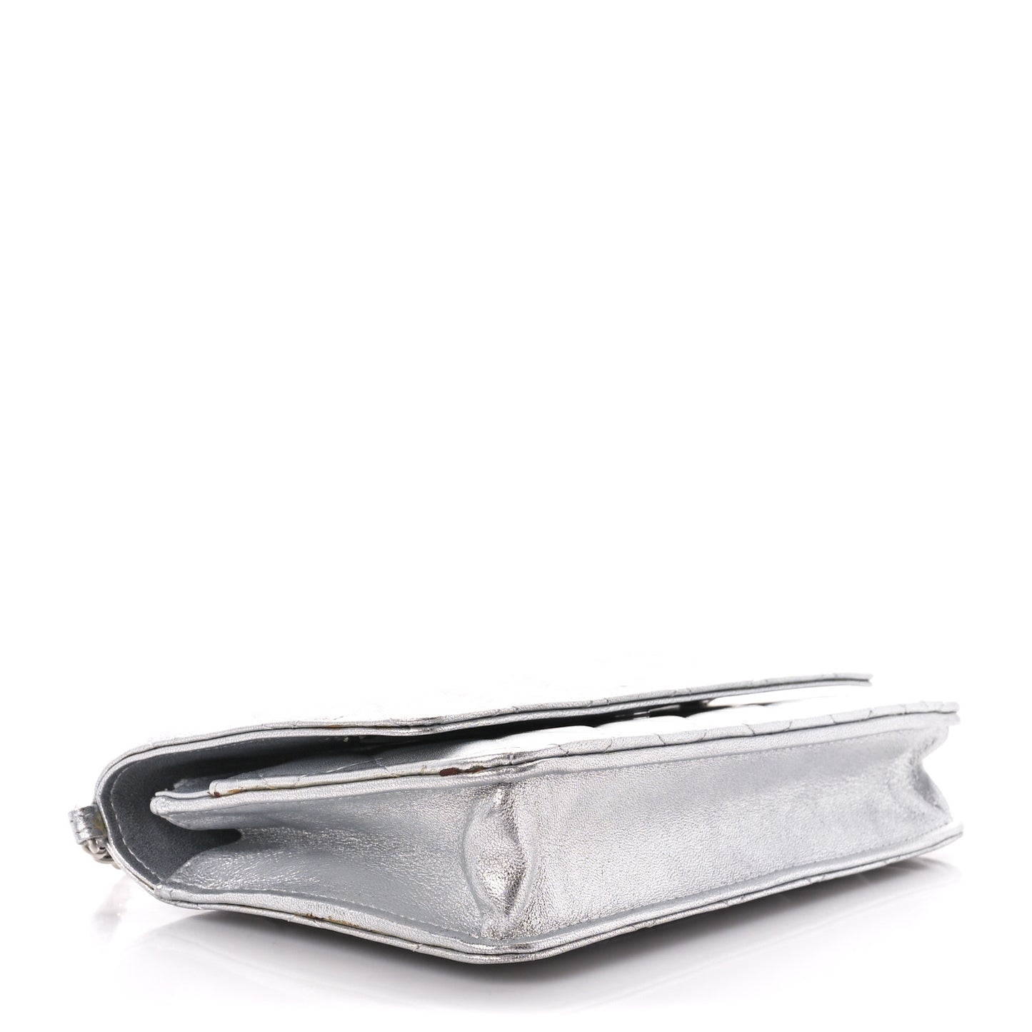 Metallic Lambskin Quilted Wallet On Chain WOC Silver