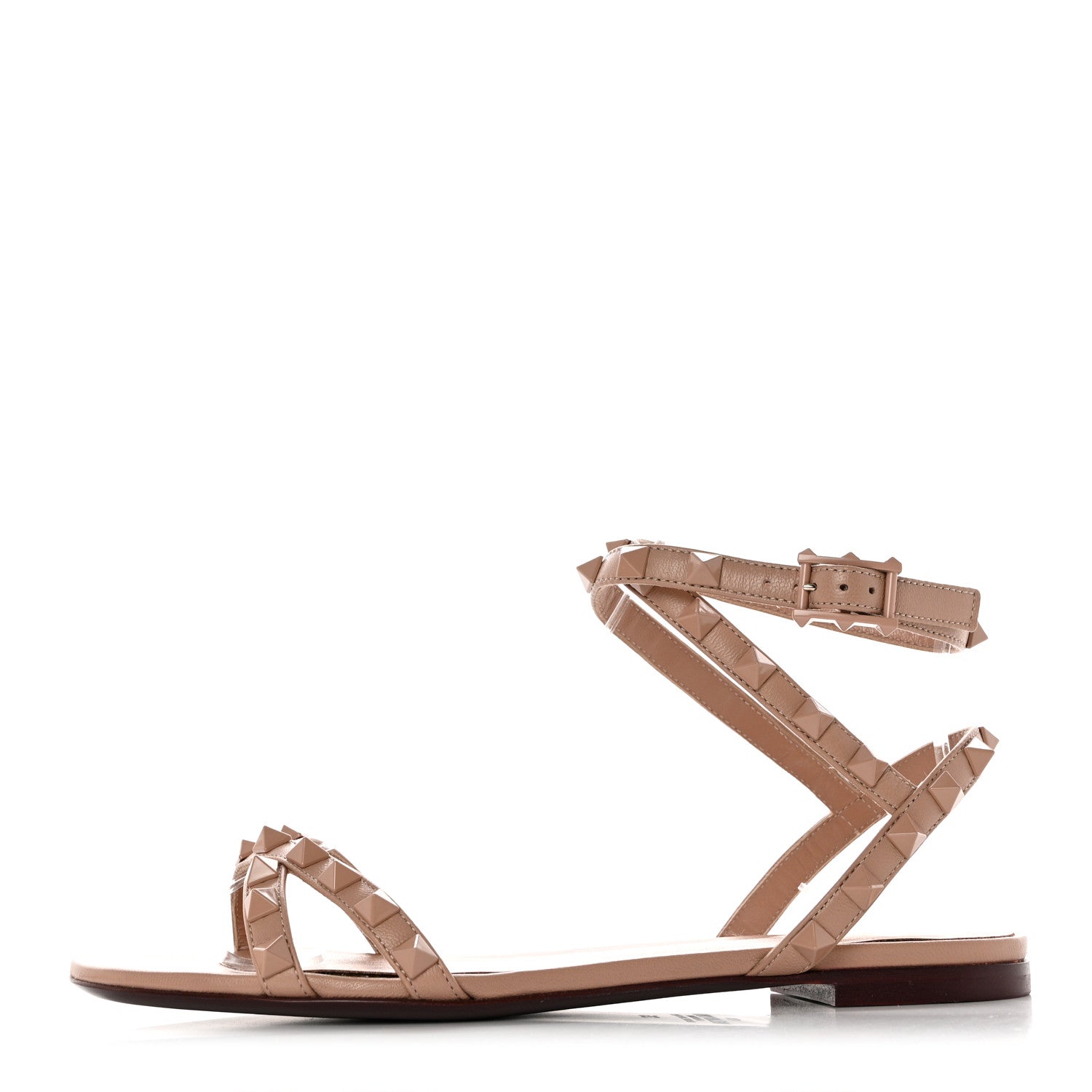 Valentino Garavani Calfskin Lacquered Monochrome Rockstud Cross Ankle Wrap Flat Sandals 35 Rose Cannelle 1 of 9
