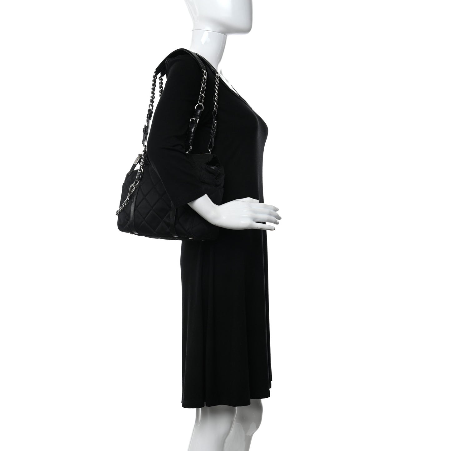 Nylon Tessuto Quilted Chain Shoulder Bag Black