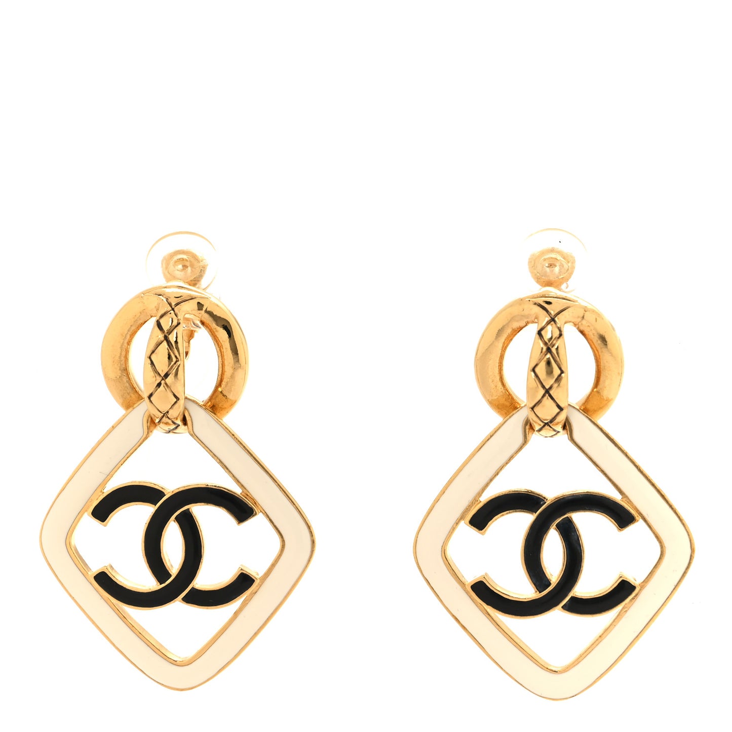 Enamel CC Drop Clip On Earrings Gold White Black