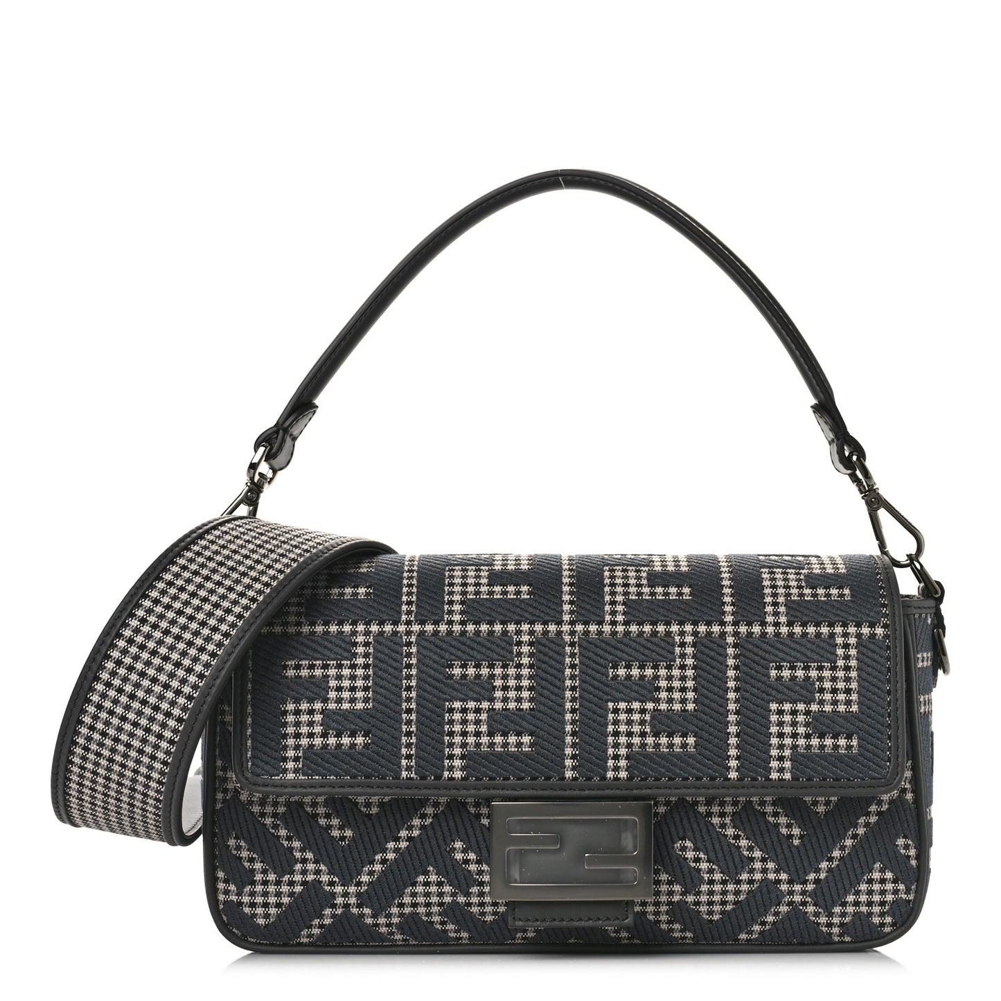Wool Vitello King Houndstooth FF Embroidered Baguette Grigio Anthracite