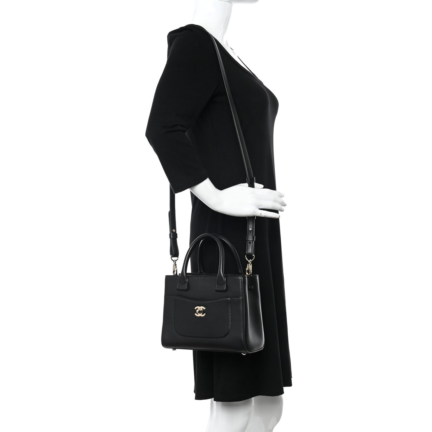 Grained Calfskin Mini Neo Executive Shopper Tote Black