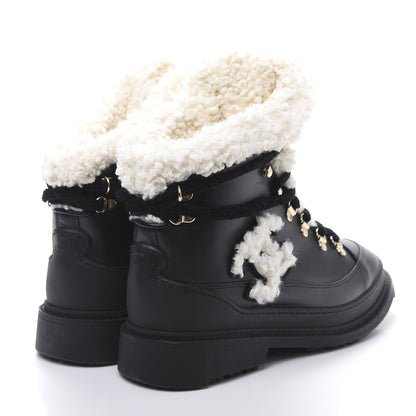 Chanel Calfskin Shearling CC Lace Up Boots 38 Black 4 of 10