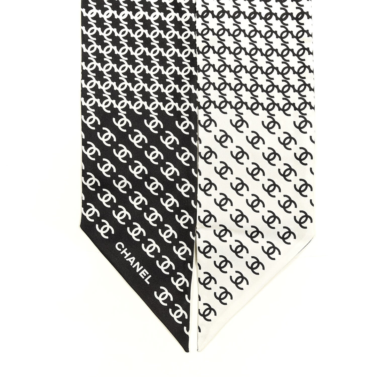 Chanel Silk Twill Houndstooth Slim Bandeau Scarf Black Ecru 2 of 3