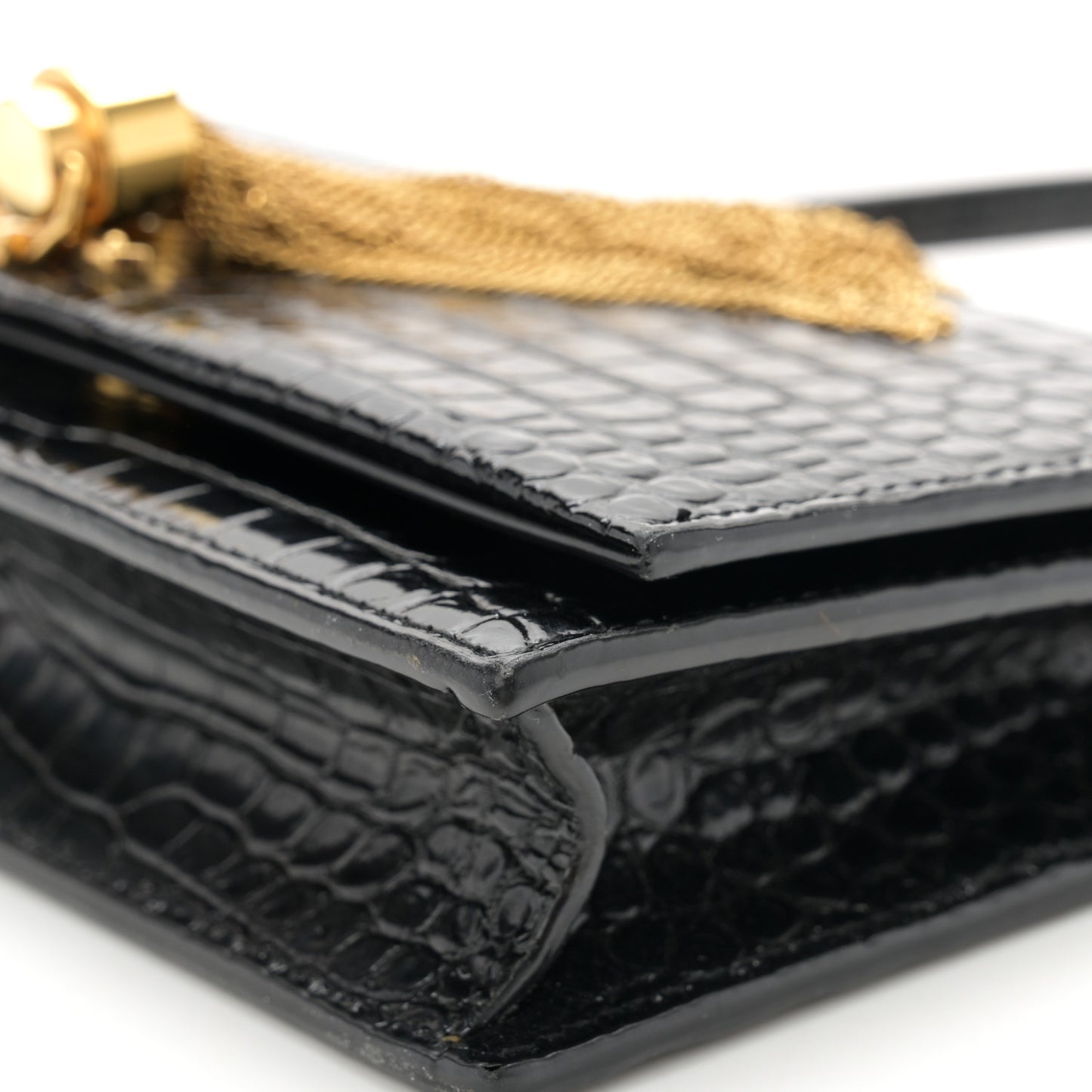 Calfskin Crocodile Embossed Kate Monogram Tassel Chain Wallet Black