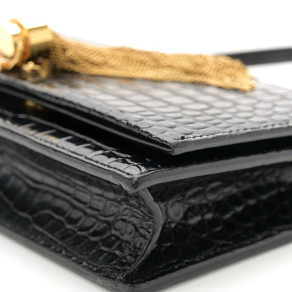 Saint Laurent Calfskin Crocodile Embossed Kate Monogram Tassel Chain Wallet Black 9 of 11