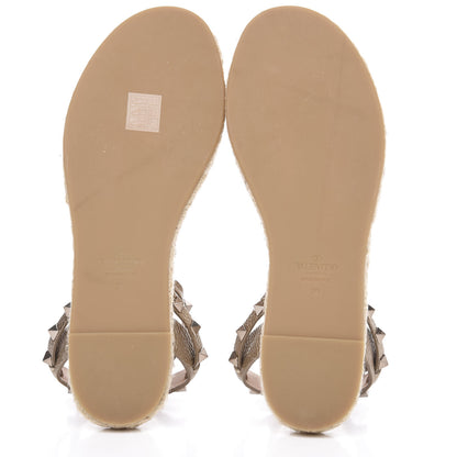 Valentino Garavani Metallic Calfskin Rockstud Ankle Strap Espadrille Flat Sandals 39 Skin 5 of 8