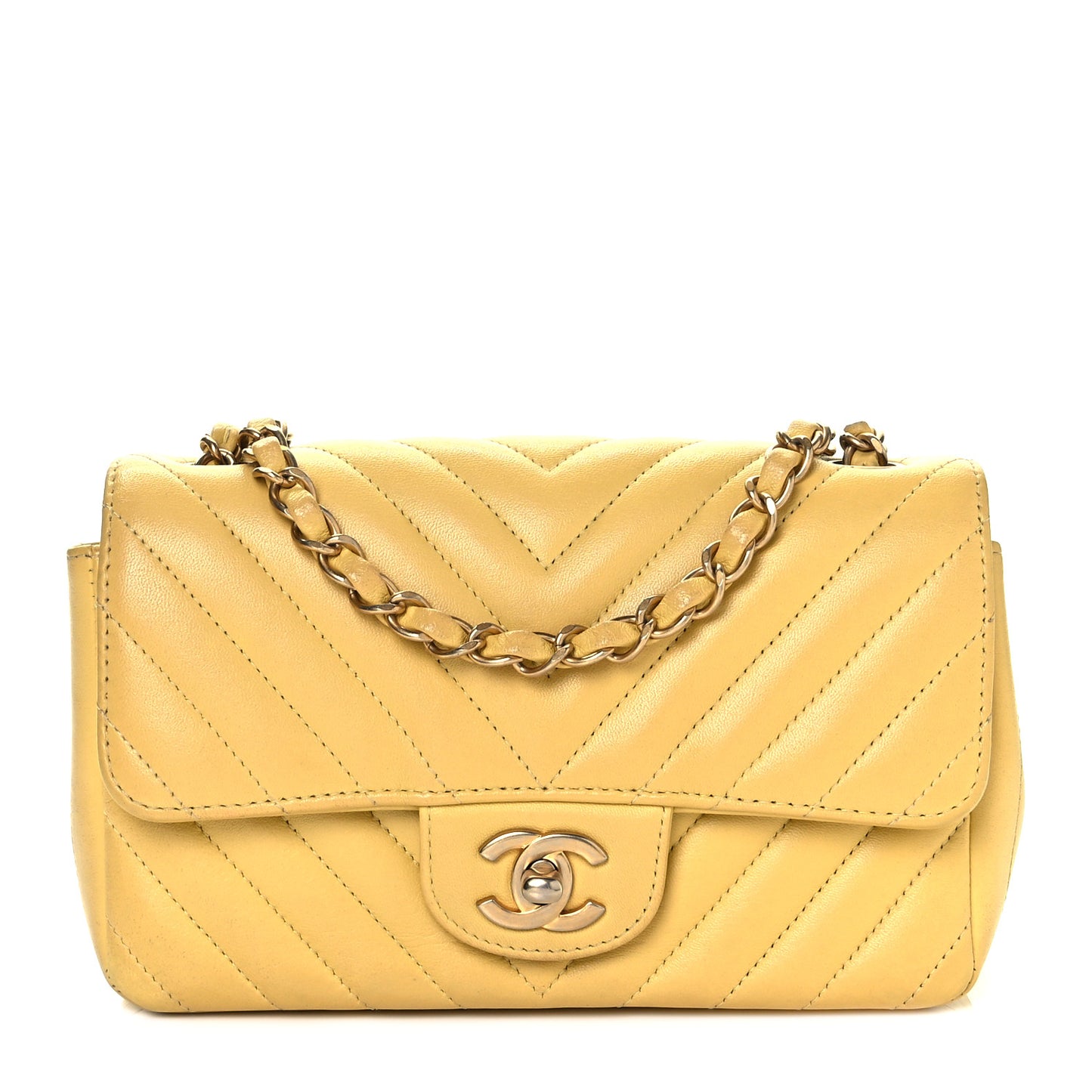 Lambskin Chevron Quilted Mini Rectangular Flap Yellow