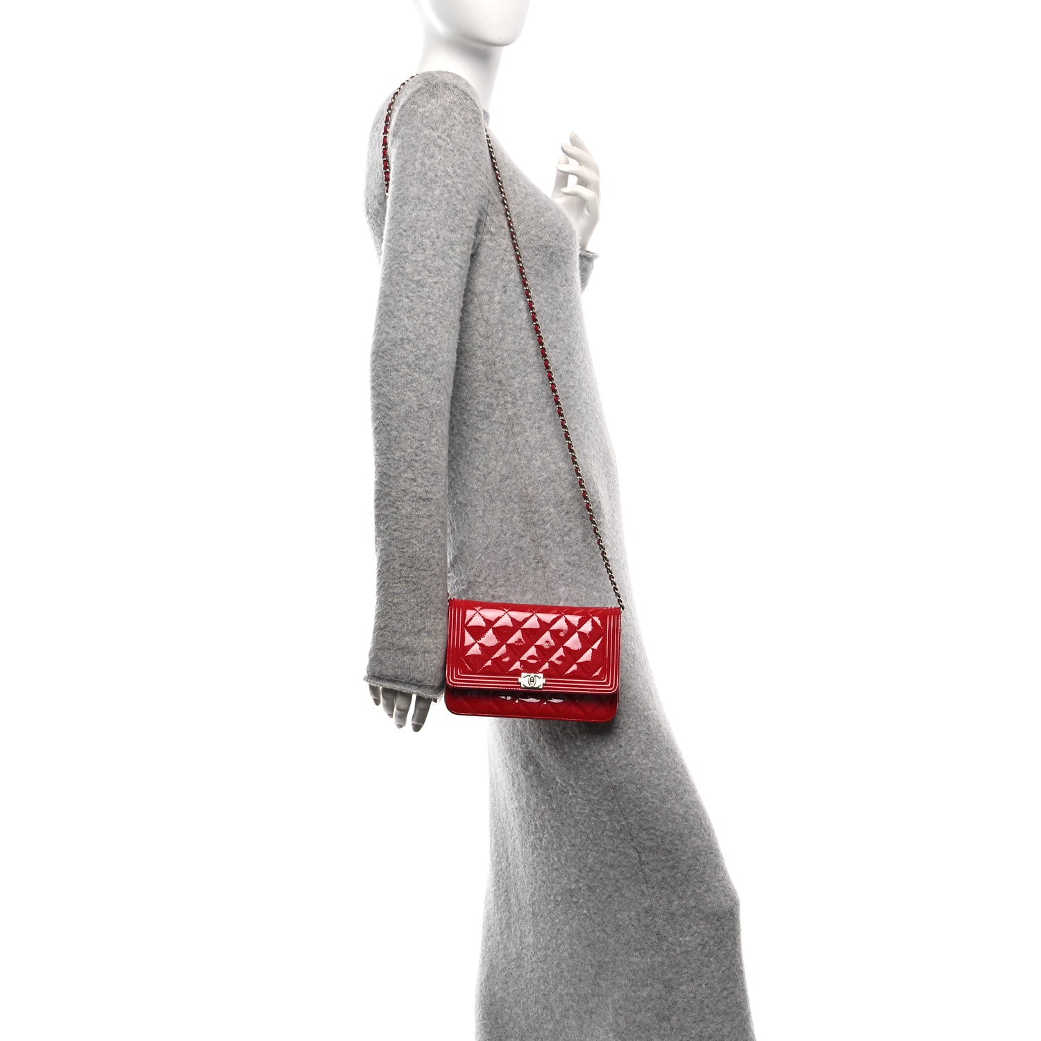 Chanel Patent Calfskin Quilted Boy Wallet On Chain WOC Red 2 of 15